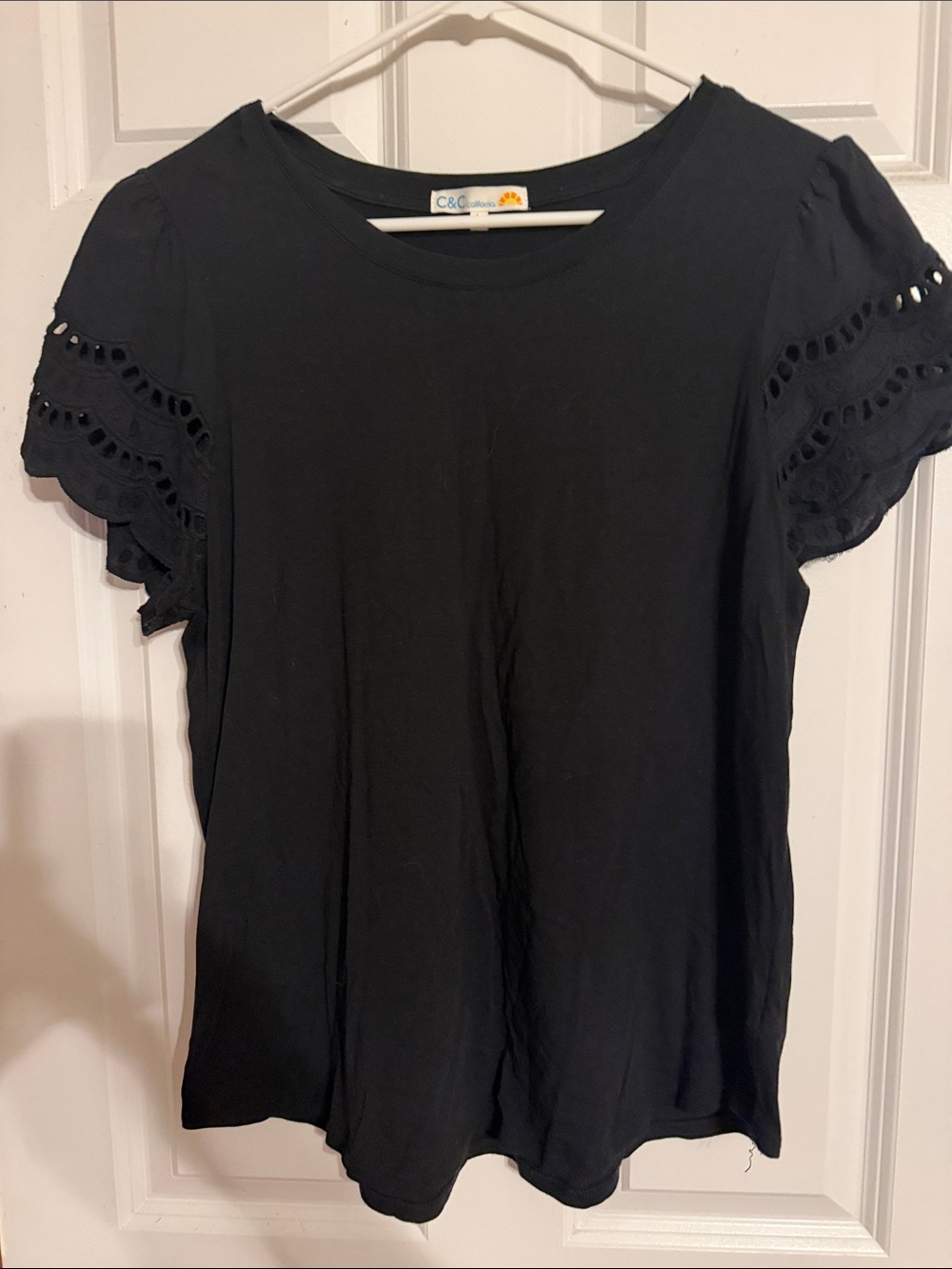 C&C California Black Eyelet Flutter Sleeve Tee